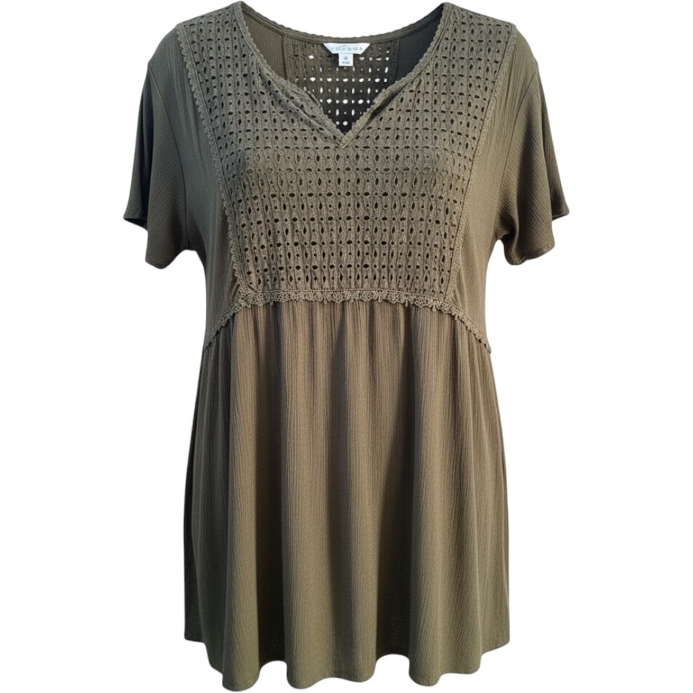 Boutique+ Olive Green Eyelet Lace Babydoll Top Boho V-Neck Short Sleeve 3X